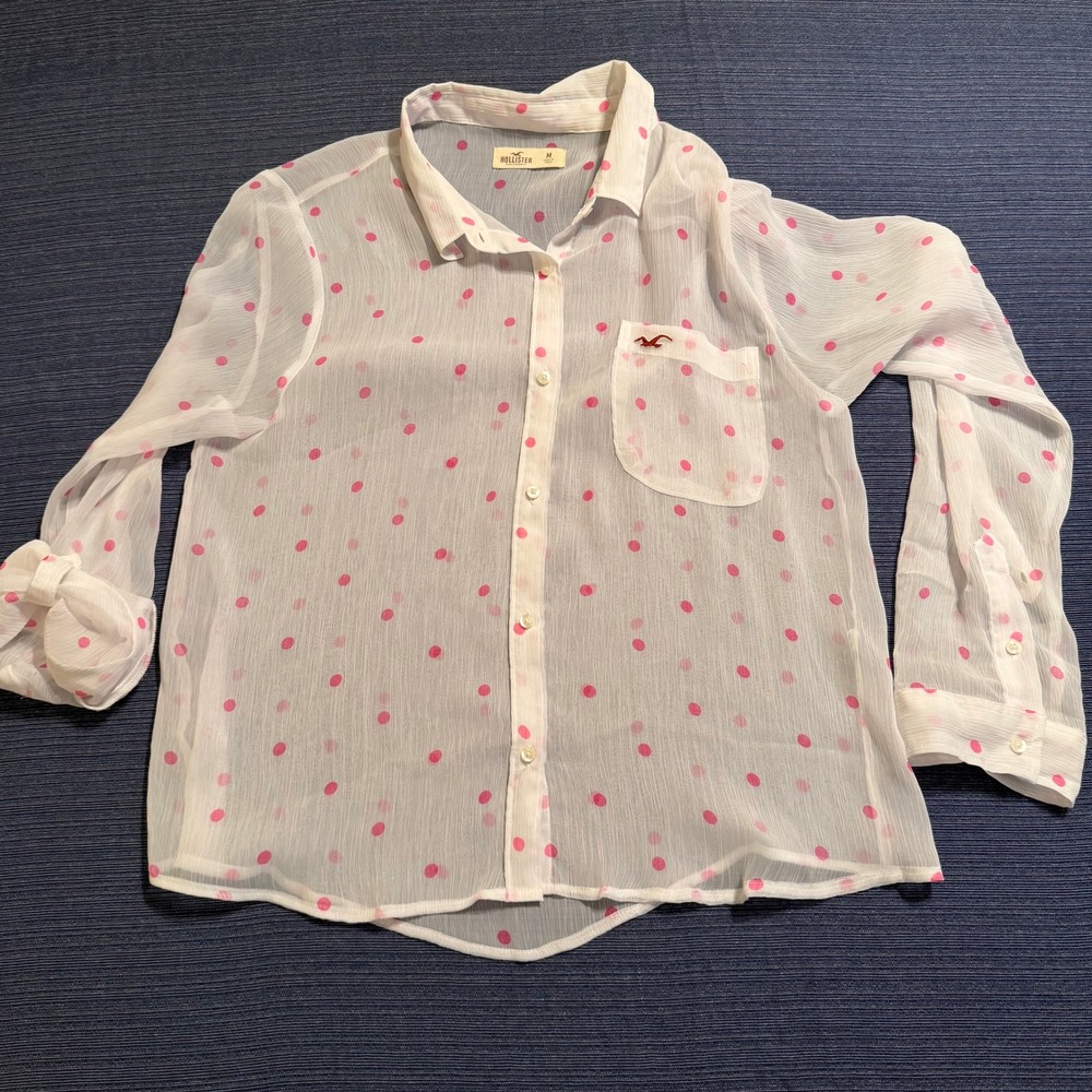 Hollister White Pink Polka Dot Sheer‎ Button Down Blouse Long Sleeve Logo Medium